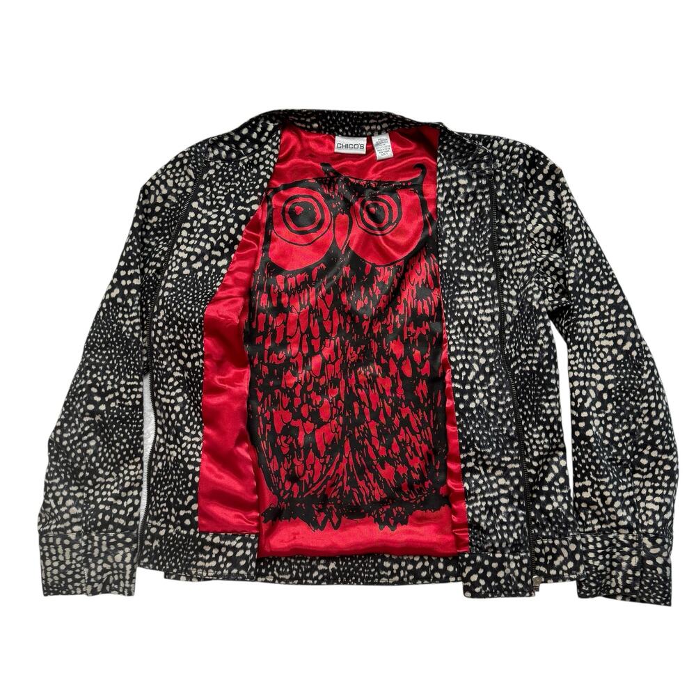 CHICOS Animal Print Red Owl Lined Black Tan Jacket Size Medium (1) Cotton Satin